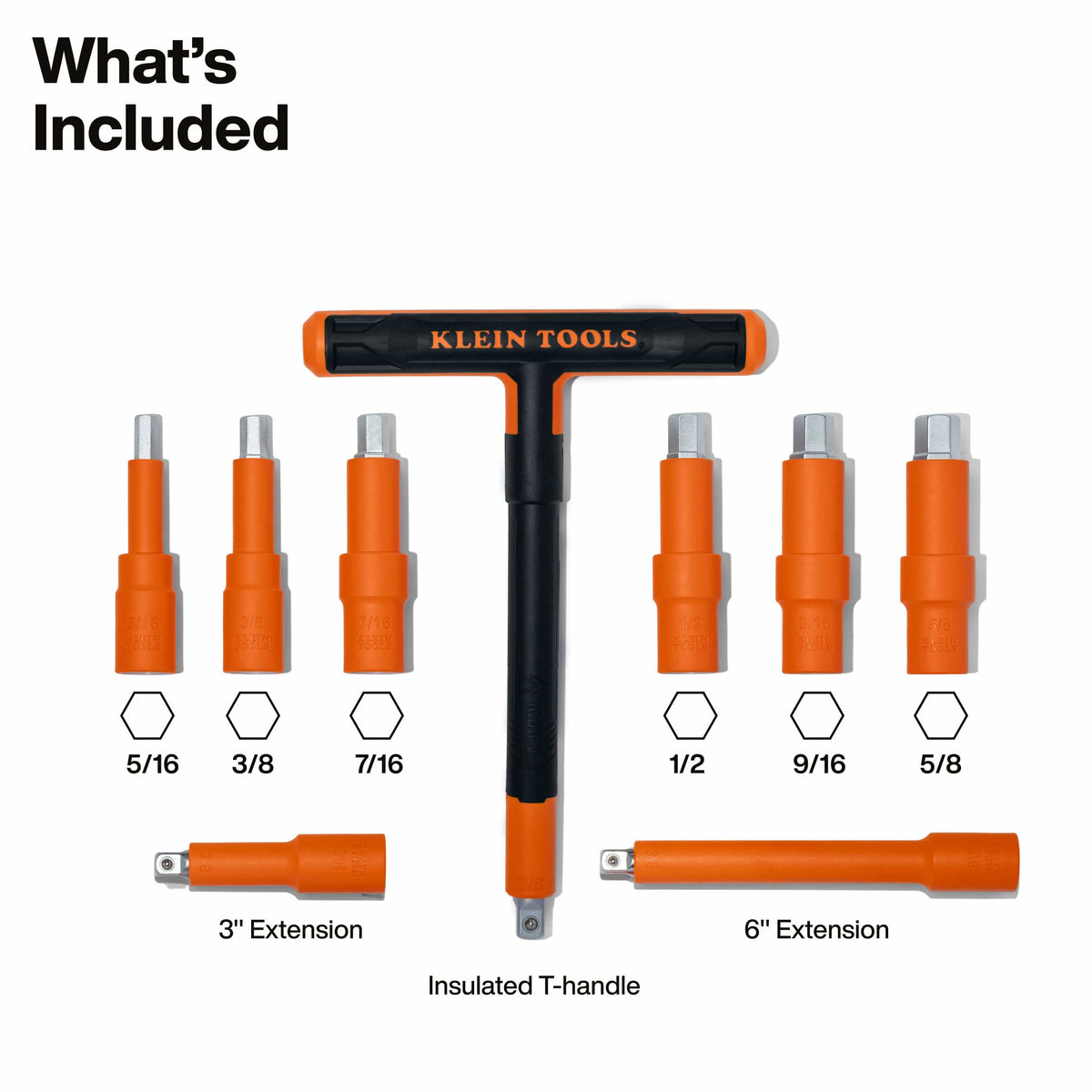 Product infographic showing what is included in the 9-piece set: one 3/8-inch drive insulated T-handle, 3-inch and 6-inch extension bars, and hex bits in sizes 5/16, 3/8, 7/16, 1/2, 9/16, and 5/8-inch.