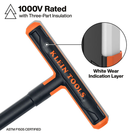 Close-up of the 1000V rated insulated T-handle featuring a circular inset that highlights the white wear indication layer designed to alert linemen when the tool's safety insulation is compromised.