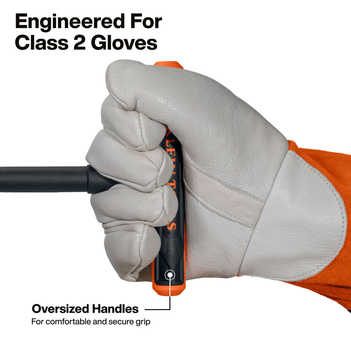 Action shot of a hand wearing a white Class 2 protective rubber insulating glove gripping the oversized orange T-handle, demonstrating secure ergonomic control for high-torque utility maintenance.