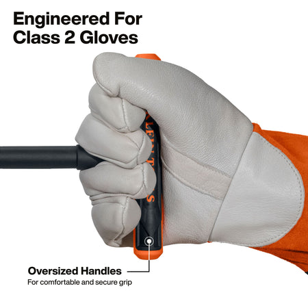 Action shot of a hand wearing a white Class 2 protective rubber insulating glove gripping the oversized orange T-handle, demonstrating secure ergonomic control for high-torque utility maintenance.