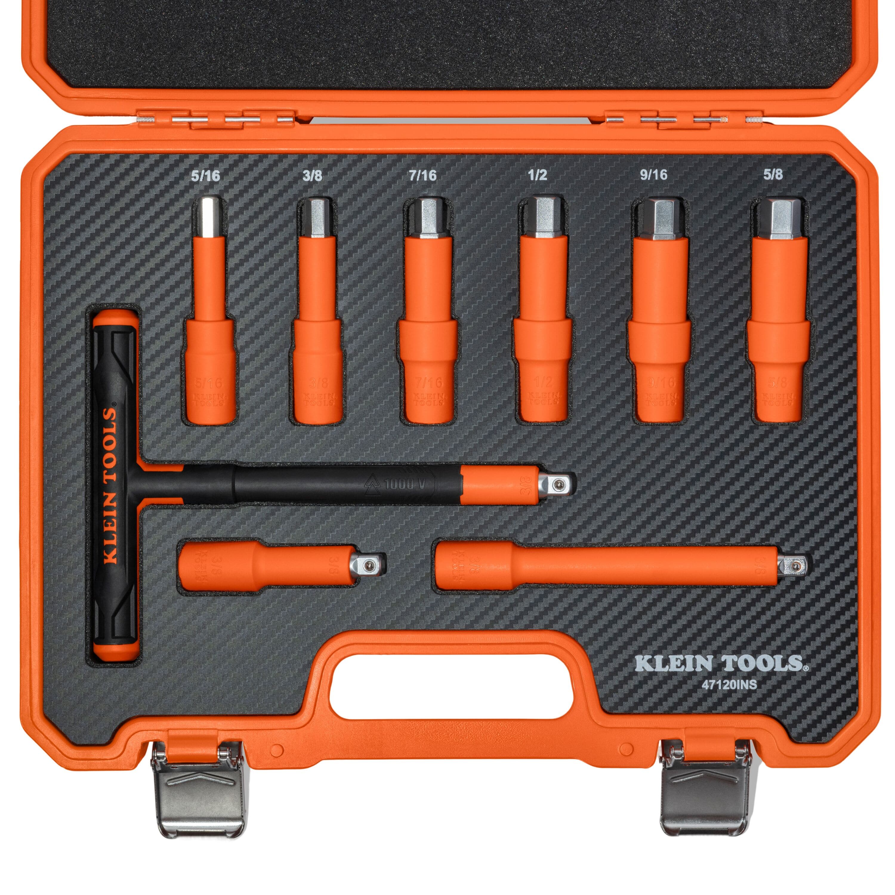 Flat lay view of the complete Klein Tools 47120INS insulated bit set inside the orange carrying case, illustrating the professional organization and ASTM F1505 certified components for live-line infrastructure work.