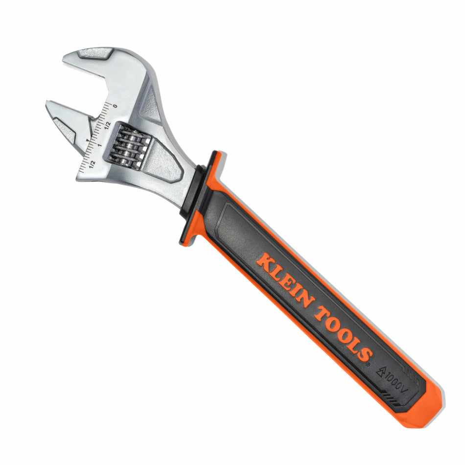 Side profile view of the Klein Tools 47130INS insulated 12-inch adjustable wrench featuring a proprietary 1000V orange and black overmolded handle and a high-performance satin nickel finish head.