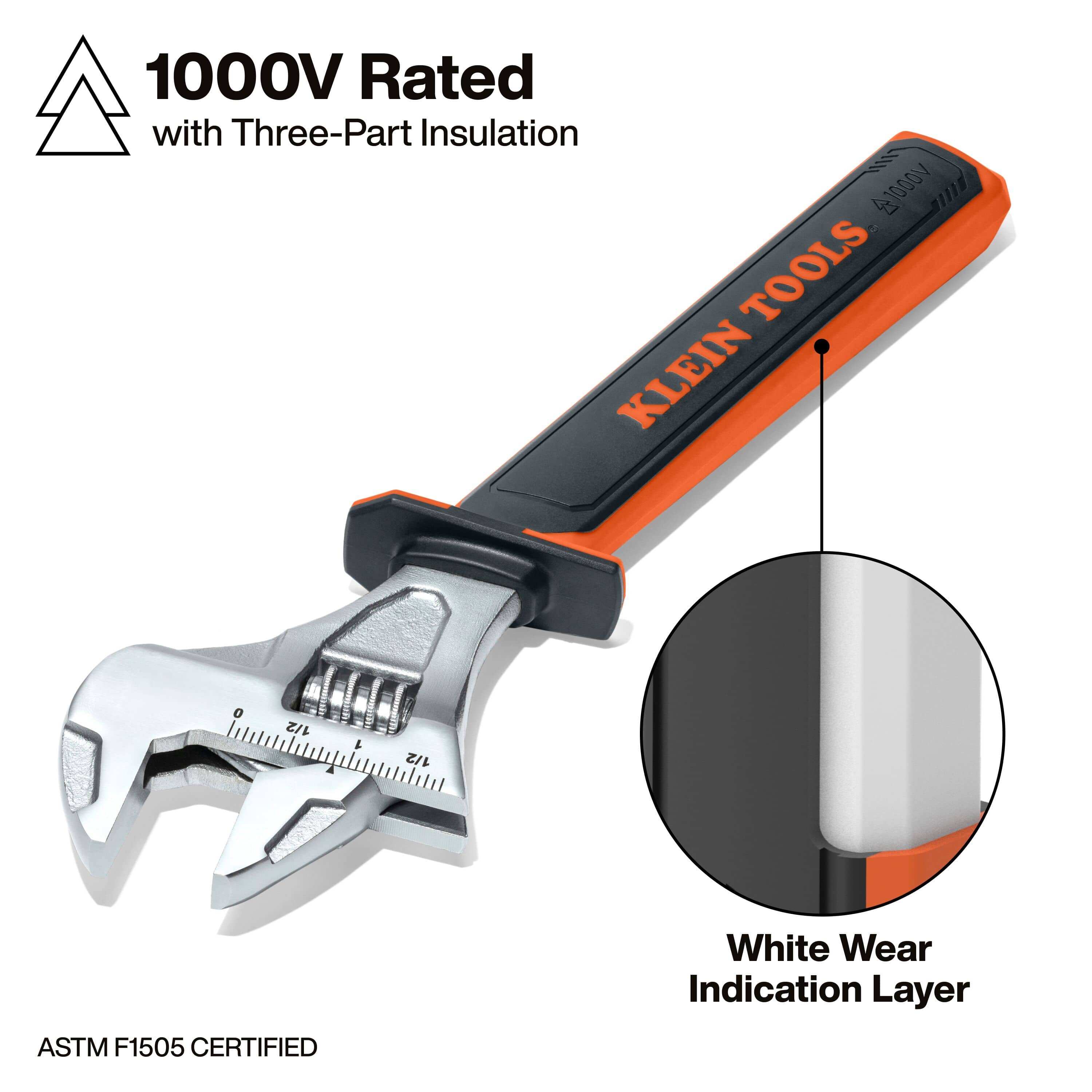 Detailed view of the 1000V rated three-part insulation on the adjustable wrench, with a circular inset highlighting the white wear indication layer that serves as a safety alert for lineman tool replacement.