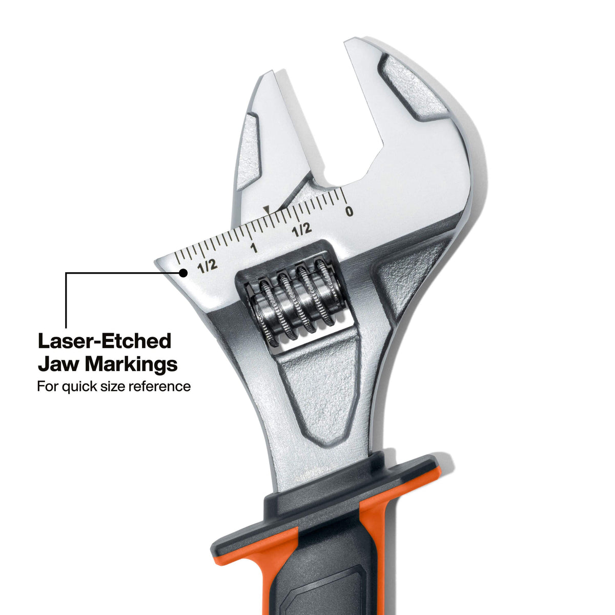 Close-up perspective of the wrench head highlighting the laser-etched jaw markings in SAE Imperial measurements, designed for quick size reference and precise fastener adjustment in the field.