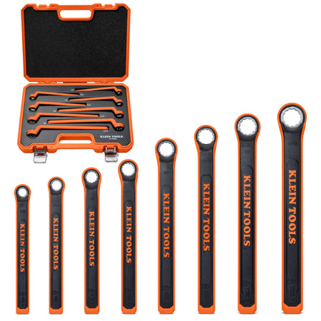 Klein Tools 47140INS 1000V insulated 8-piece box end wrench set product display, showing an orange heavy-duty carrying case with foam inserts alongside eight individual metric-sized utility wrenches lined up symmetrically, all featuring a dual-layer orange and black structural design isolated on a white background.