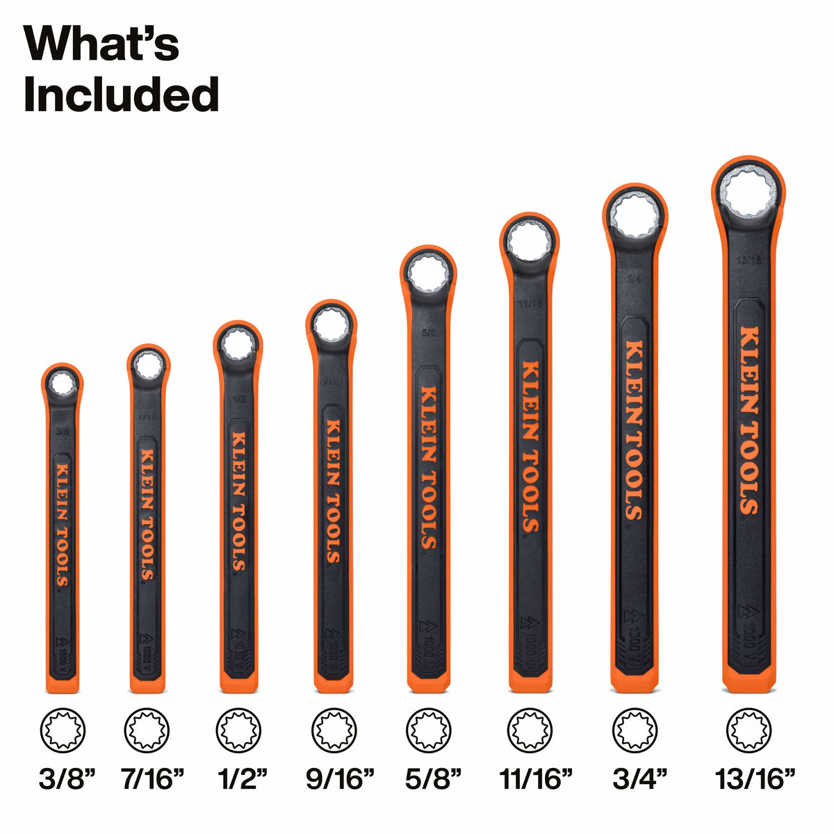 A marketing graphic titled What's Included, displaying the eight individual Klein Tools 1000V insulated box end wrenches in ascending order by size, explicitly marked with icons and labels for 3/8 inch, 7/16 inch, 1/2 inch, 9/16 inch, 5/8 inch, 11/16 inch, 3/4 inch, and 13/16 inch fractional parameters against a white background.