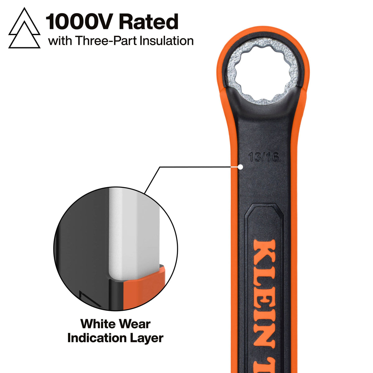 A close-up product callout graphic highlighting the 1000V Rated with Three-Part Insulation feature on a 13/16-inch Klein Tools insulated box end wrench, showcasing a detailed inset diagram pointing out the white wear indication layer under the orange handle material for live-line high-voltage shock protection.