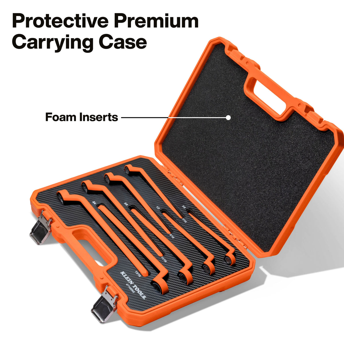 An open Klein Tools protective premium carrying case shown from an angled perspective, showcasing precision-cut carbon-textured custom foam inserts holding the eight insulated box end wrenches tightly in place within a rugged, lockable bright orange impact-resistant hardshell mold.