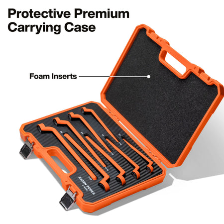 An open Klein Tools protective premium carrying case shown from an angled perspective, showcasing precision-cut carbon-textured custom foam inserts holding the eight insulated box end wrenches tightly in place within a rugged, lockable bright orange impact-resistant hardshell mold.