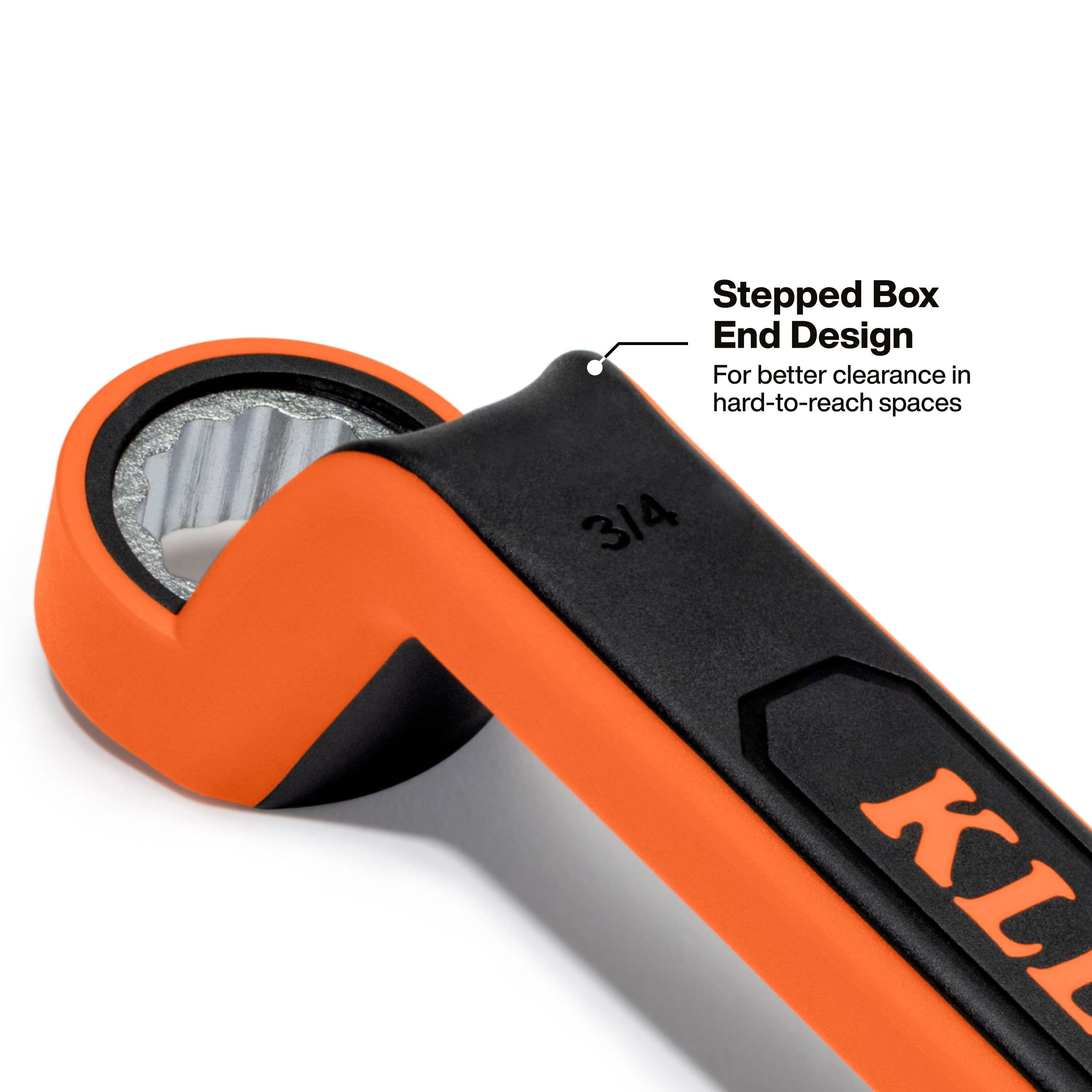 A detailed close-up shot of a 3/4-inch Klein Tools insulated box end wrench, focusing on the specialized stepped box end design engineered to provide better clearance and easier access to nuts and bolt fasteners located in tight, hard-to-reach commercial electrical distribution spaces.