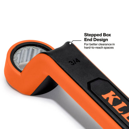 A detailed close-up shot of a 3/4-inch Klein Tools insulated box end wrench, focusing on the specialized stepped box end design engineered to provide better clearance and easier access to nuts and bolt fasteners located in tight, hard-to-reach commercial electrical distribution spaces.