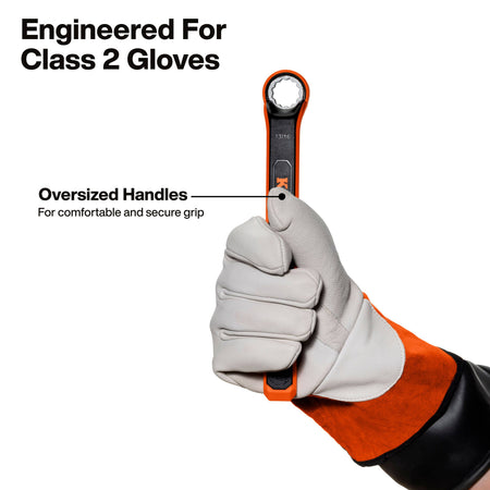 An informative tool diagram titled Engineered for Class 2 Gloves, showing a close-up profile view of an operator's hand wearing a thick leather and rubber high-voltage lineman glove firmly holding onto the oversized handle of a 13/16-inch insulated wrench to demonstrate a comfortable and secure grip.