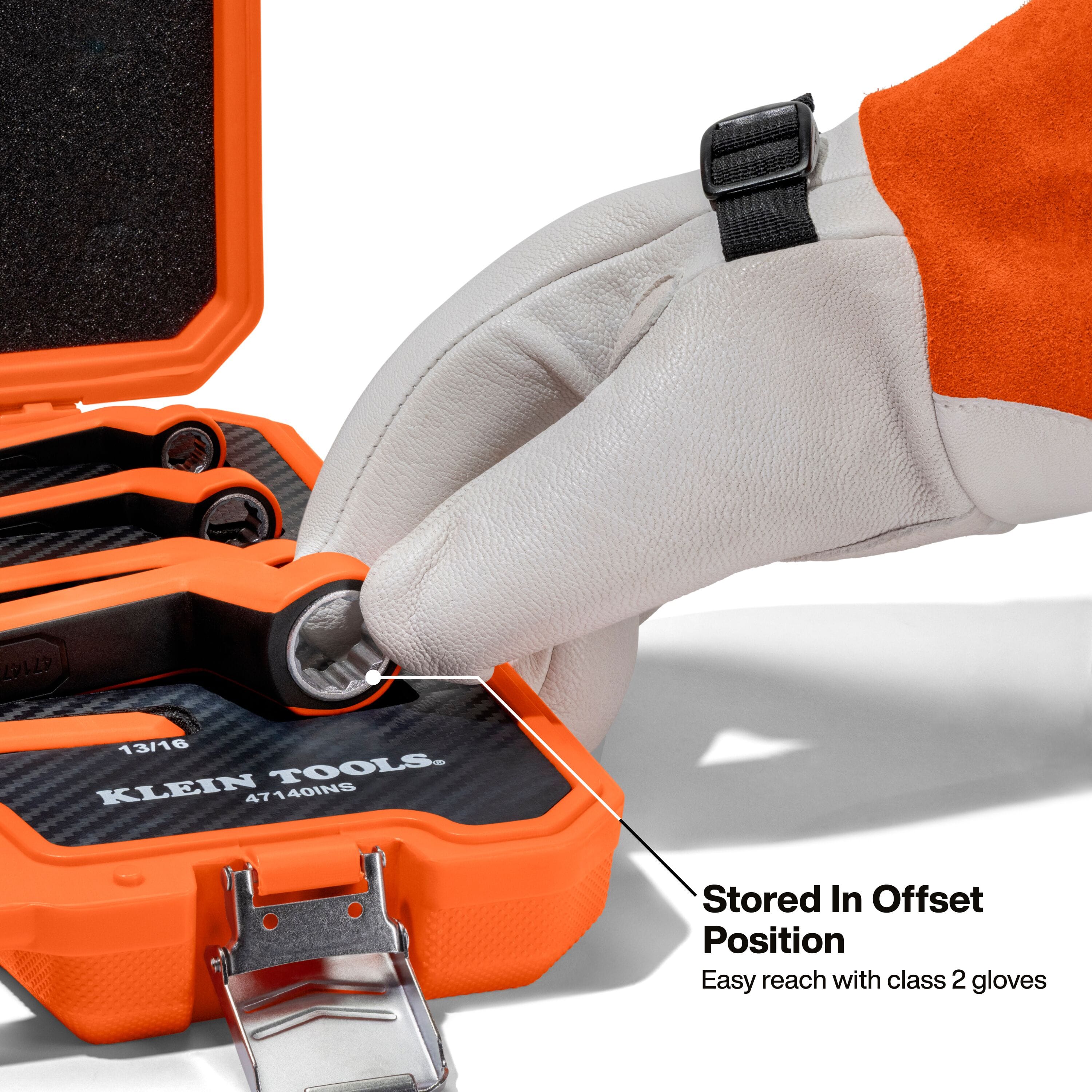 A close-up field graphic showing a worker wearing a Class 2 electrical safety glove lifting an insulated box end wrench out of its custom foam insert case layout, with a text label pointing out that tools are stored in an offset position for an easy reach during live-line hot system repairs.