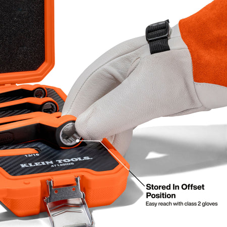 A close-up field graphic showing a worker wearing a Class 2 electrical safety glove lifting an insulated box end wrench out of its custom foam insert case layout, with a text label pointing out that tools are stored in an offset position for an easy reach during live-line hot system repairs.