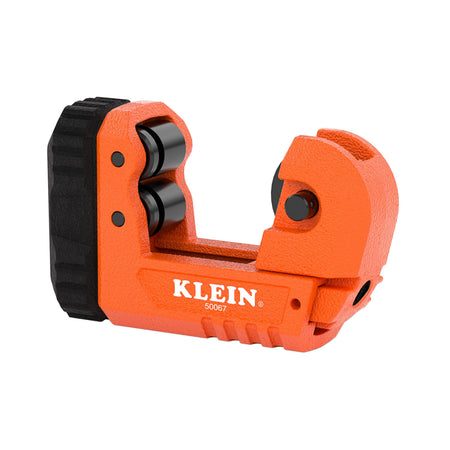 Perspective view of the orange Klein Tools 50067 micro tubing cutter featuring a heavy-duty zinc alloy body, black adjustment knob, and precision rollers for cutting copper and aluminum pipe.