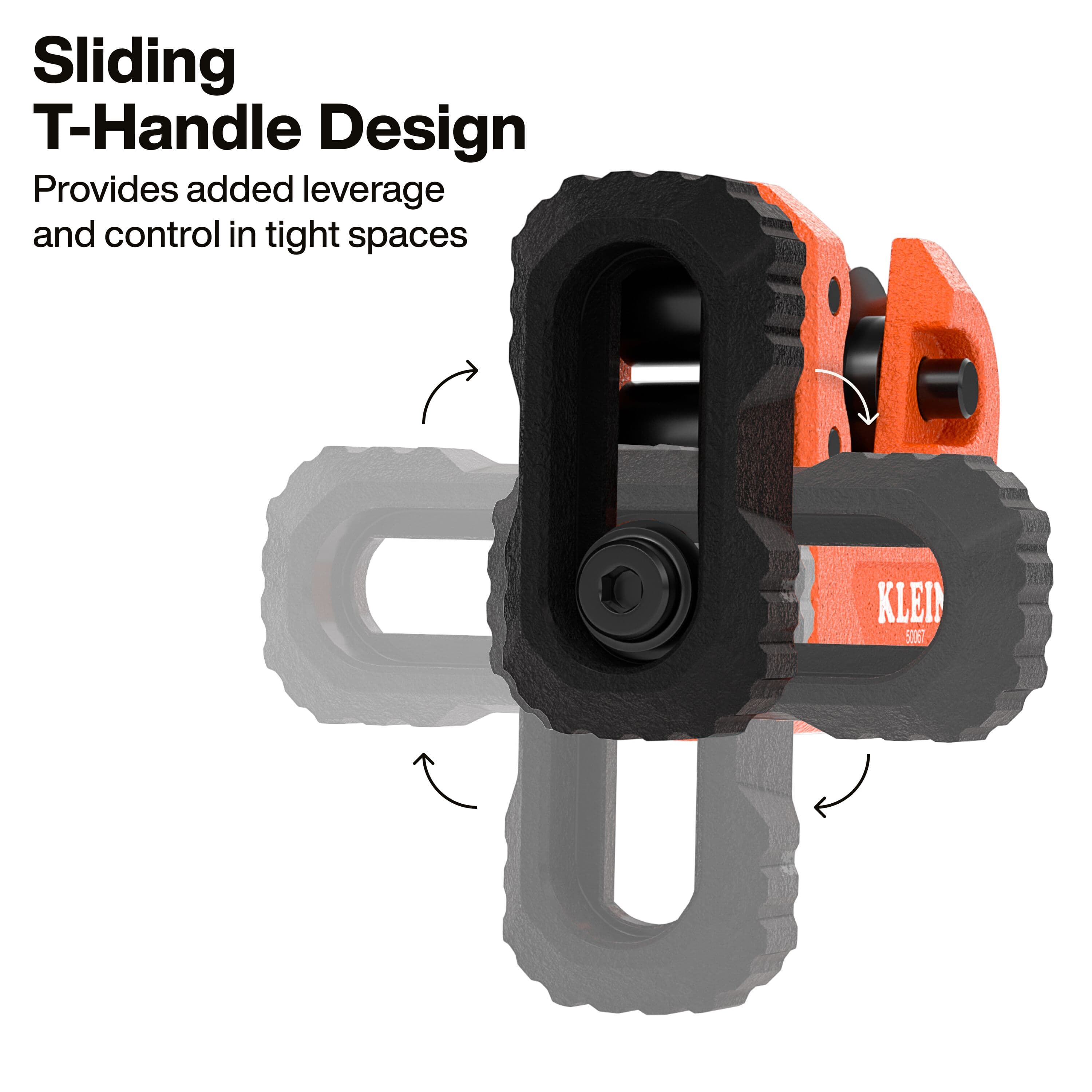 Action graphic demonstrating the sliding T-handle design which rotates to provide maximum leverage and control when adjusting the cutter in confined HVAC or plumbing work spaces.