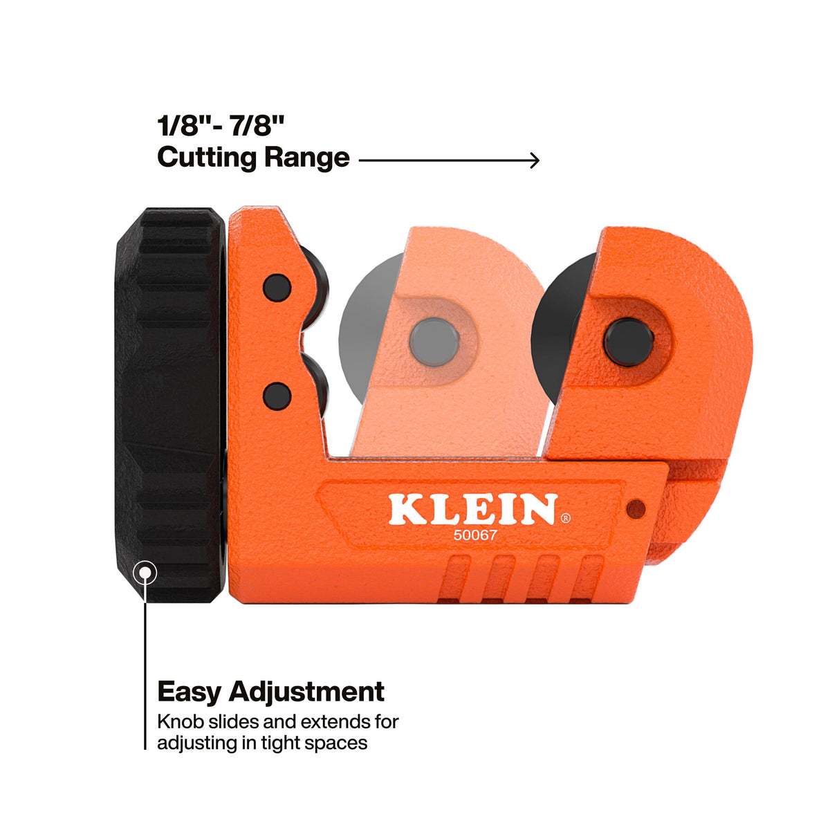 Product infographic showing the easy adjustment feature where the black knob slides along a straight track to extend the cutting range for various tubing diameters in tight spaces.