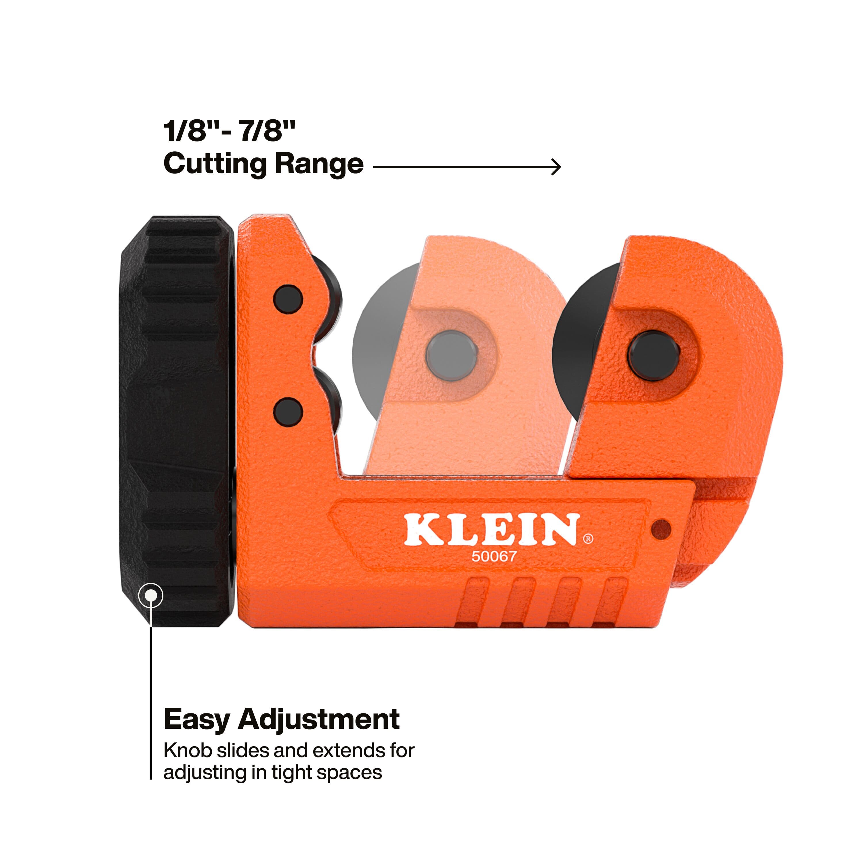 Product infographic showing the easy adjustment feature where the black knob slides along a straight track to extend the cutting range for various tubing diameters in tight spaces.