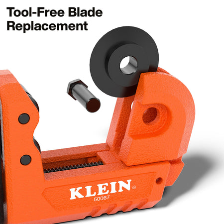 Exploded view diagram illustrating the tool-free blade replacement system, showing the high-carbon steel cutting wheel and the simple push-pin mechanism for rapid jobsite maintenance.