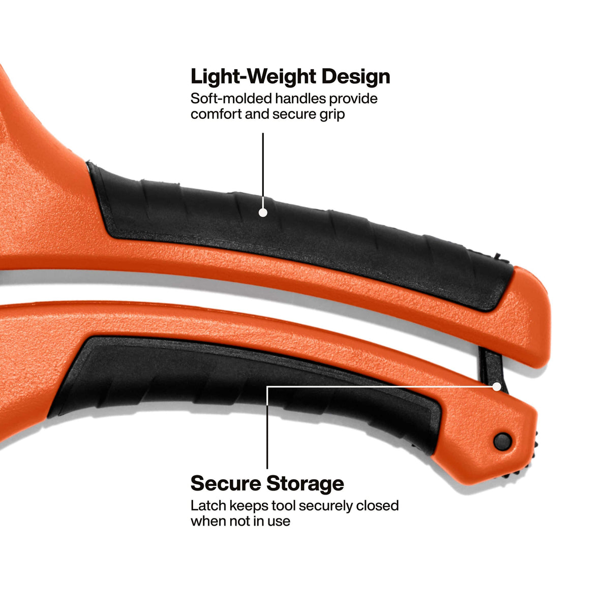 A product handle close-up graphic detailing the lightweight design with soft-molded handles providing comfort and a secure grip, while showcasing the bottom handle connection featuring a secure storage latch callout that keeps the tool safely locked when not in use.