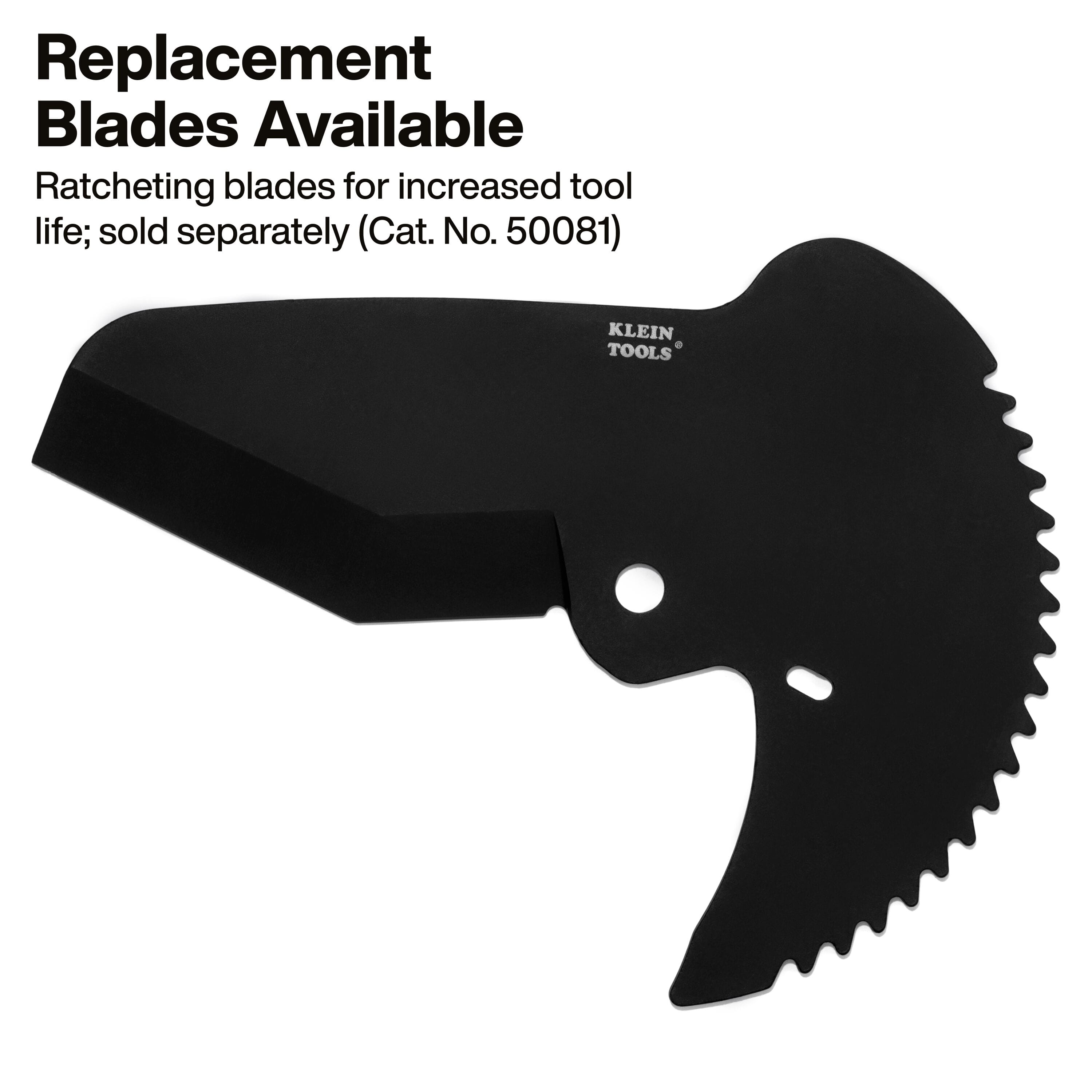 A dedicated replacement parts product graphic titled Replacement Blades Available, showcasing the clean profile layout of the high-carbon black steel ratcheting pierce-point cutter blade accessory, catalog number 50081, engineered to prolong overall hand tool life and maximize edge retention over a white background.