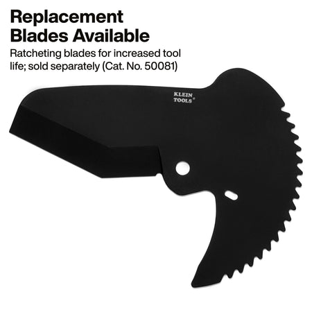 A dedicated replacement parts product graphic titled Replacement Blades Available, showcasing the clean profile layout of the high-carbon black steel ratcheting pierce-point cutter blade accessory, catalog number 50081, engineered to prolong overall hand tool life and maximize edge retention over a white background.