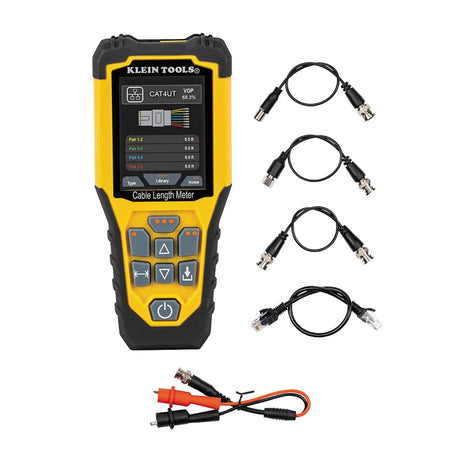 A studio kit view of the Klein Tools 501915 TDR Cable Length Meter. The yellow and black digital tester is shown alongside its professional accessory kit, which includes high-quality alligator clip leads, BNC-to-coax adapters, and an RJ45 jumper cable for comprehensive cable length testing and fault location.