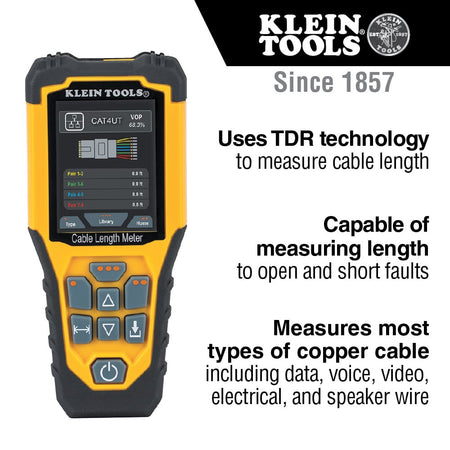 Product feature infographic for the 501915 TDR meter highlighting its core capabilities. The text emphasizes that the tool uses advanced Time Domain Reflectometry (TDR) technology to measure cable length, locate open and short faults, and test most copper cable types including data, voice, video, electrical, and speaker wire.