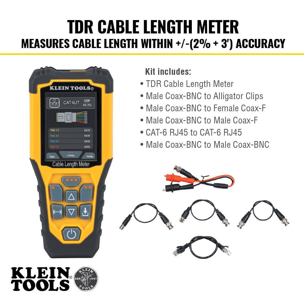 A detailed layout of the Klein Tools 501915 kit components. This image confirms the inclusion of the TDR cable length meter, male Coax-BNC to alligator clips, male Coax-BNC to female Coax-F, male Coax-BNC to male Coax-F, CAT6 RJ45 jumper, and male Coax-BNC to male Coax-BNC adapters for maximum jobsite versatility.
