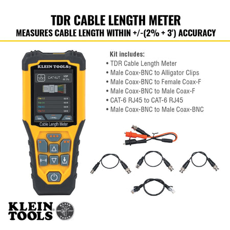 A detailed layout of the Klein Tools 501915 kit components. This image confirms the inclusion of the TDR cable length meter, male Coax-BNC to alligator clips, male Coax-BNC to female Coax-F, male Coax-BNC to male Coax-F, CAT6 RJ45 jumper, and male Coax-BNC to male Coax-BNC adapters for maximum jobsite versatility.