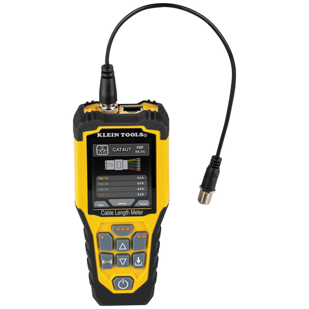 Close-up view of the 501915 meter with a BNC-to-coax adapter connected to the top port. The interface shows the "CAT4UT" cable profile selected with a VoP of 68.3%, demonstrating the tool's specialized mapping for twisted-pair data cables.