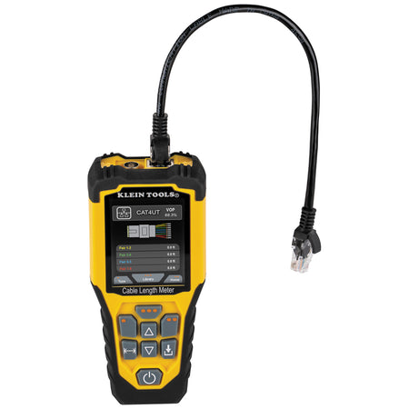 Close-up view of the Klein Tools TDR meter featuring a professional RJ45 data cable connection. This image highlights the dedicated data port used for measuring the length of terminated Ethernet cables and identifying distance-to-fault on network infrastructure.