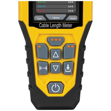 Detailed view of the 501915 tactile keypad and interactive color display. The ergonomic button layout includes dedicated keys for Type, Library, and Home navigation, allowing technicians to quickly access pre-programmed Velocity of Propagation (VoP) values for accurate wire measurement.