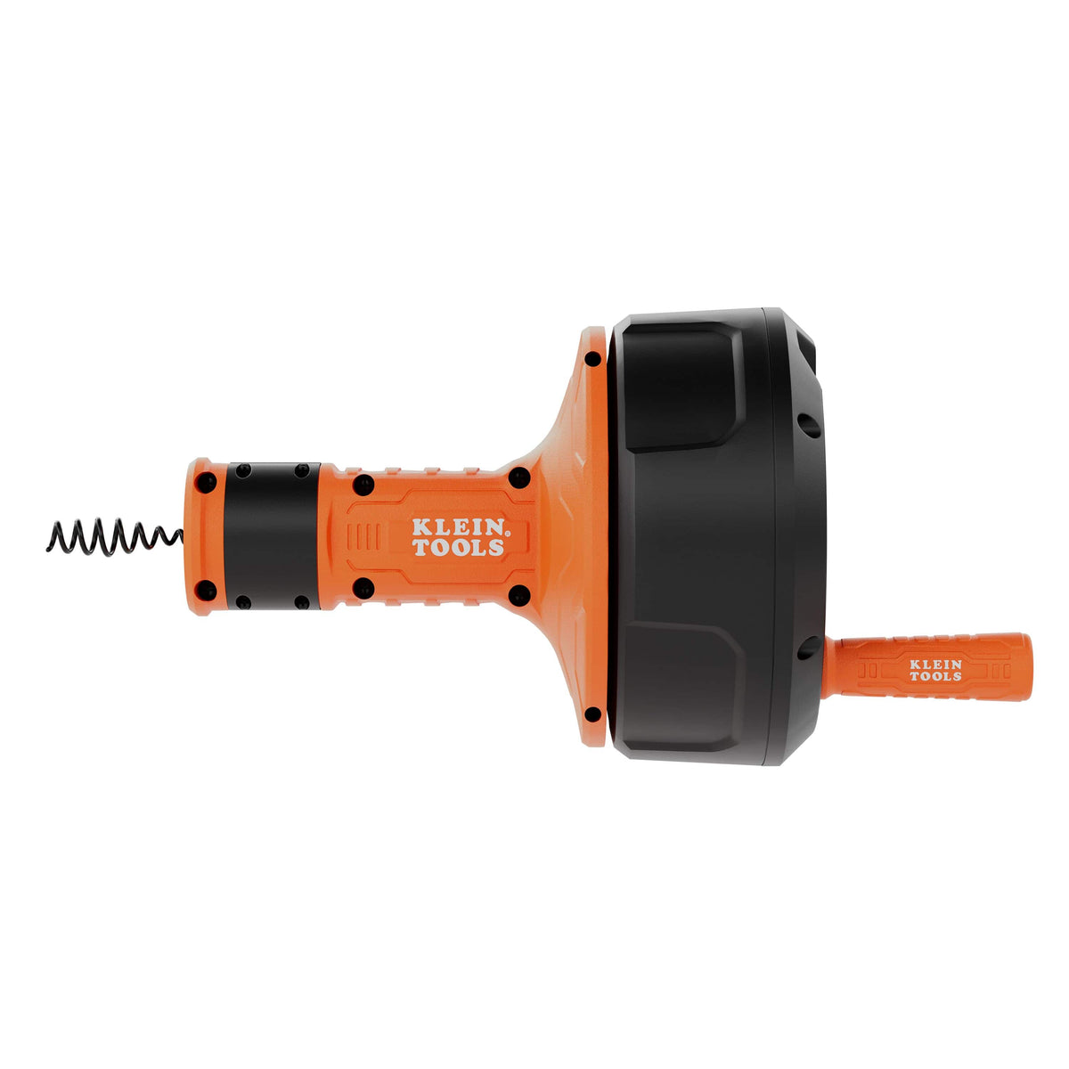 Side profile view of the Klein Tools 53016 25-foot auto-feed drum auger featuring an orange ergonomic handle, black nylon drum, and a 1/4-inch steel drain snake coil for plumbing maintenance.