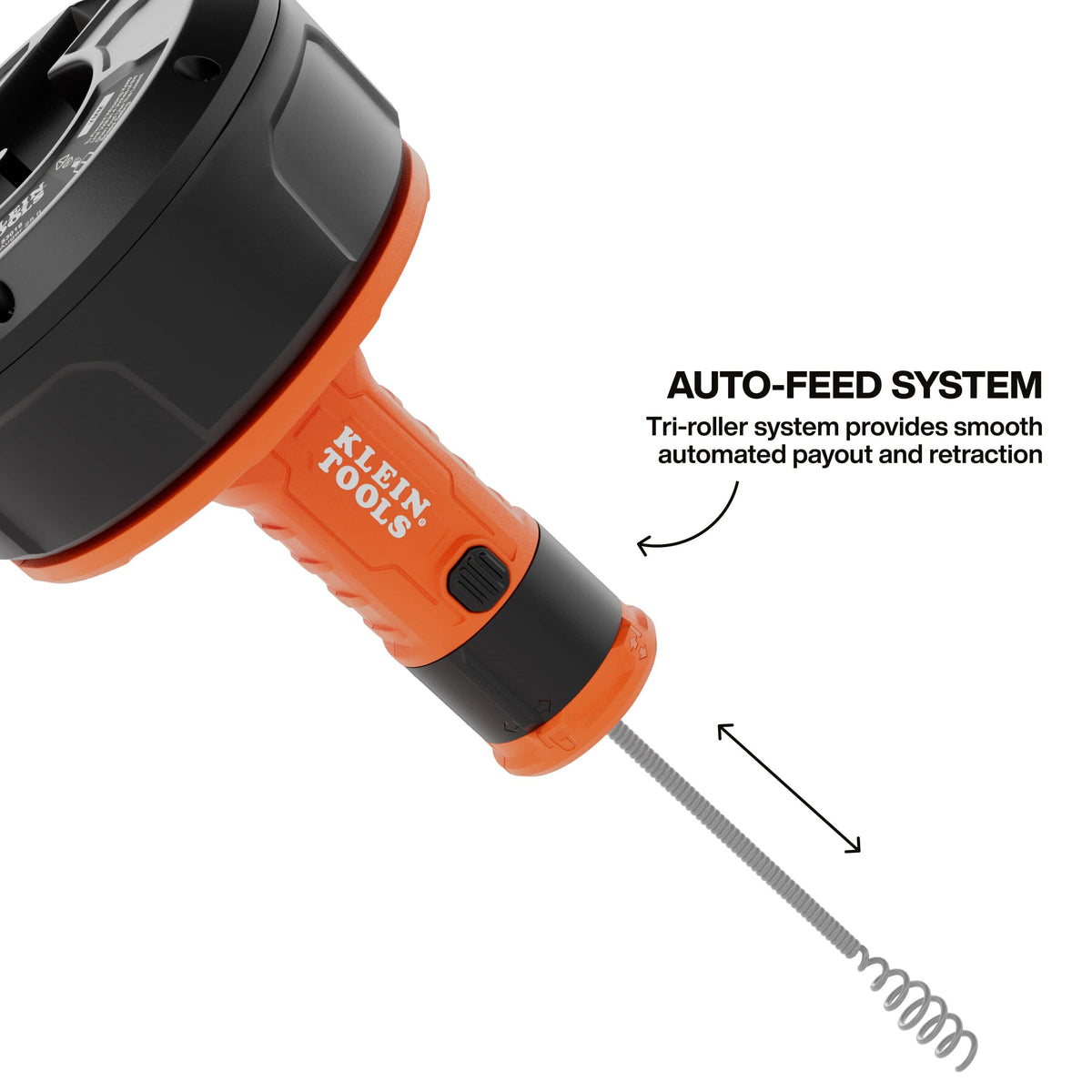 Detailed view of the auto-feed tri-roller system on the plumbing snake tool highlighting the smooth automated payout and retraction mechanism for efficient drain clearing.