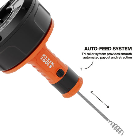 Detailed view of the auto-feed tri-roller system on the plumbing snake tool highlighting the smooth automated payout and retraction mechanism for efficient drain clearing.