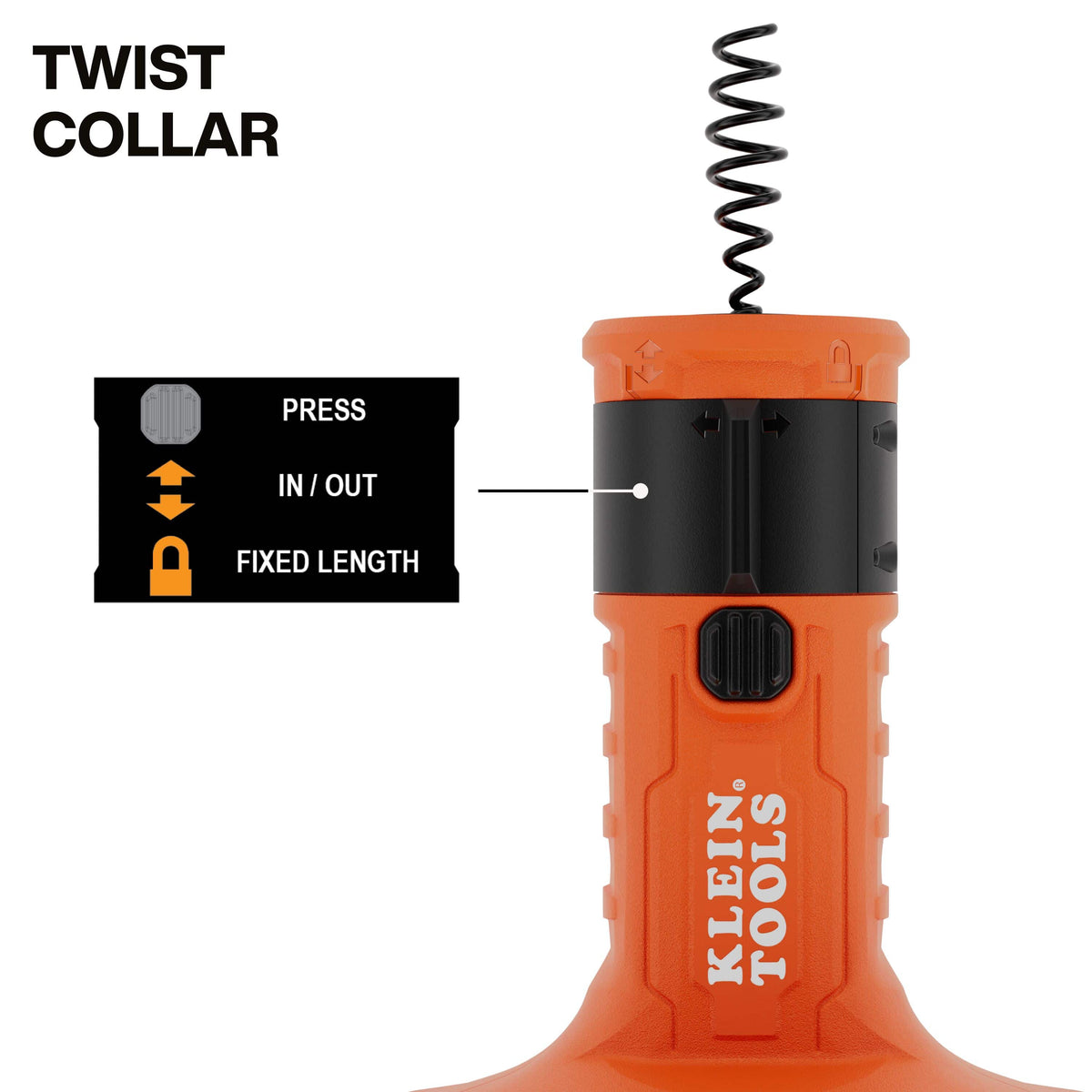 Close-up of the twist collar control on the drum auger handle showing the selection settings for automated in and out payout or a fixed length locked position.