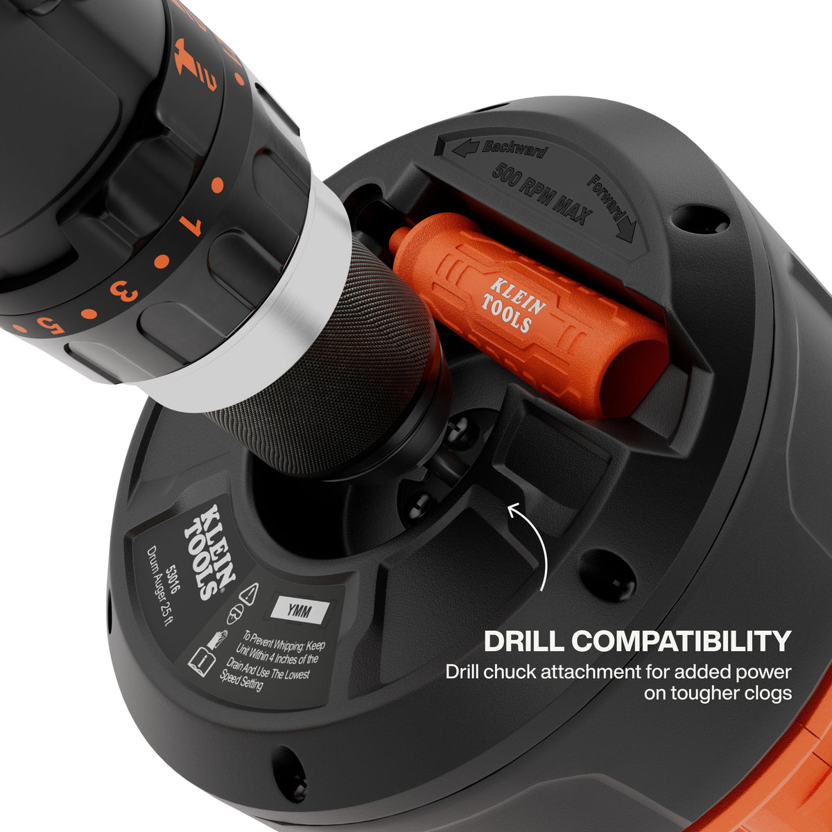 Top perspective showing power drill compatibility where a drill chuck is attached to the drum auger for high-torque clog removal in stubborn sink and shower drains.