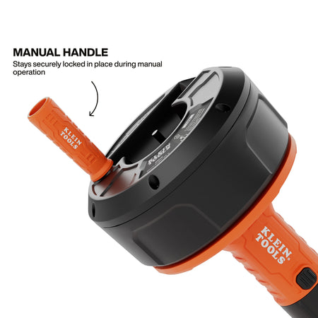 Detail shot of the manual winding handle in its locked operating position, designed for precise manual control and feedback while navigating drain pipes.