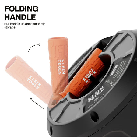 Action graphic demonstrating the folding handle mechanism where the manual crank pulls up and folds into the drum for compact storage and drill clearance.