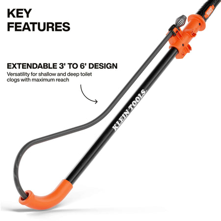 Key features infographic highlighting the 3-foot to 6-foot extendable design of the toilet snake, providing maximum reach and versatility for deep residential and commercial toilet clogs.