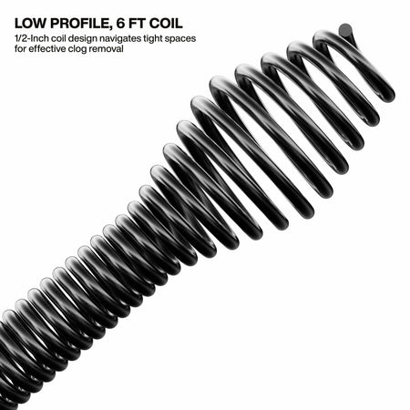 Close-up perspective of the low-profile 1/2-inch steel coil design, engineered to navigate tight porcelain bends effectively for high-performance drain clog removal.