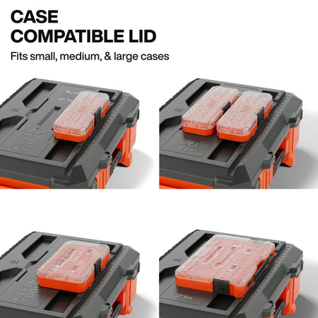 A four-panel instructional graphic demonstrating the MODbox case-compatible lid versatility, showing small, medium, and large accessory cases connecting to the top of the rolling toolbox.