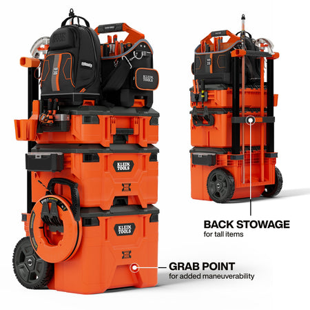 A two-panel infographic showing a fully stacked Klein Tools MODbox system with a backpack and tote, highlighting the back stowage area for tall items and the front grab point for easy maneuverability.