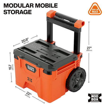 Dimensional infographic of the Klein Tools rolling toolbox highlighting the 250 lb max weight capacity, 20.8-inch width, 22-inch length, and 27-inch height with the handle collapsed.