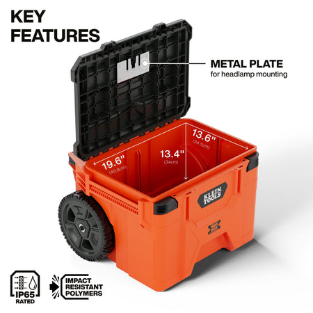 Open view of the MODbox rolling toolbox showing the 3,577 cubic inch internal storage capacity and an integrated metal plate on the underside of the lid for hands-free headlamp mounting.