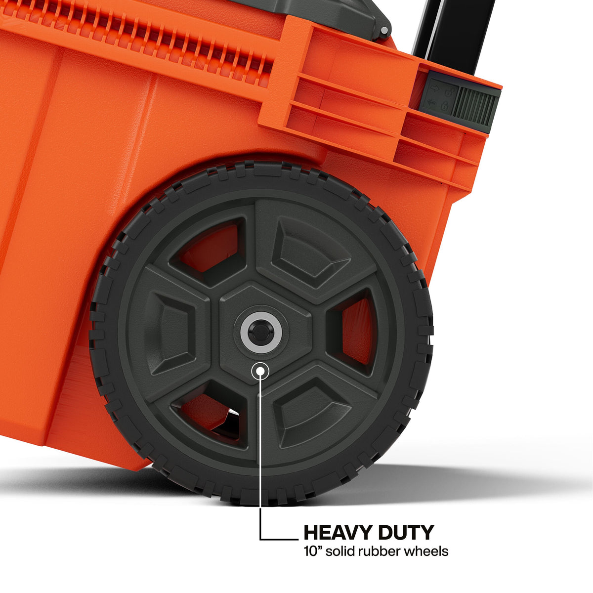 Detailed view of the 10-inch solid rubber heavy-duty wheels designed for superior mobility and durability across rough jobsite terrain and debris.
