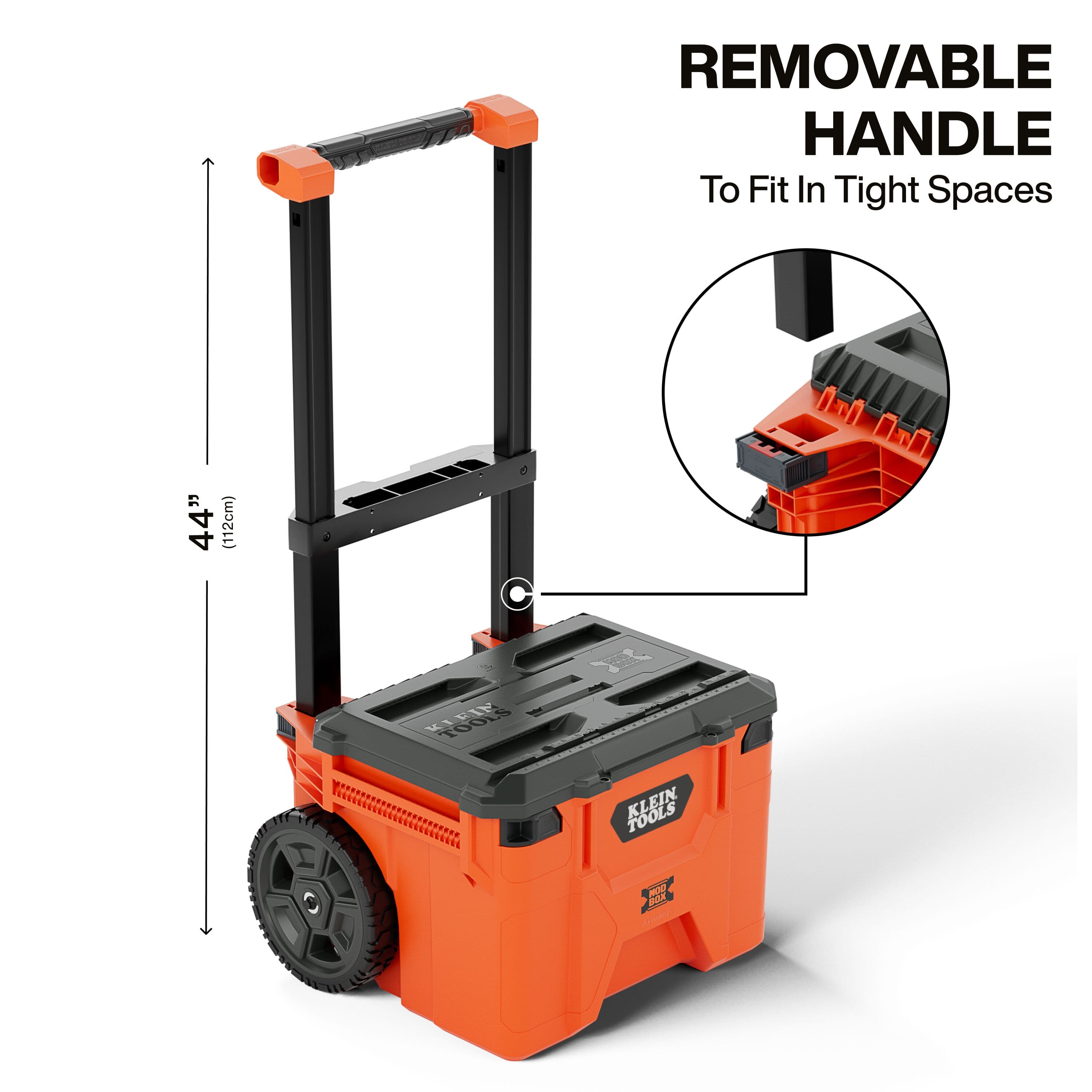 Infographic showing the 44-inch extended height of the metal telescoping handle and a circular detail highlighting the handle's removable design to fit the box in tight spaces.