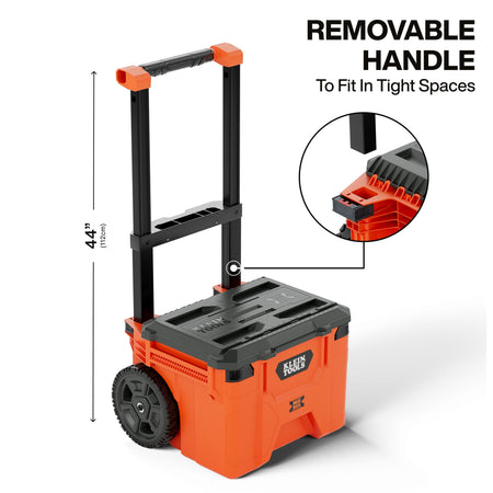 Infographic showing the 44-inch extended height of the metal telescoping handle and a circular detail highlighting the handle's removable design to fit the box in tight spaces.