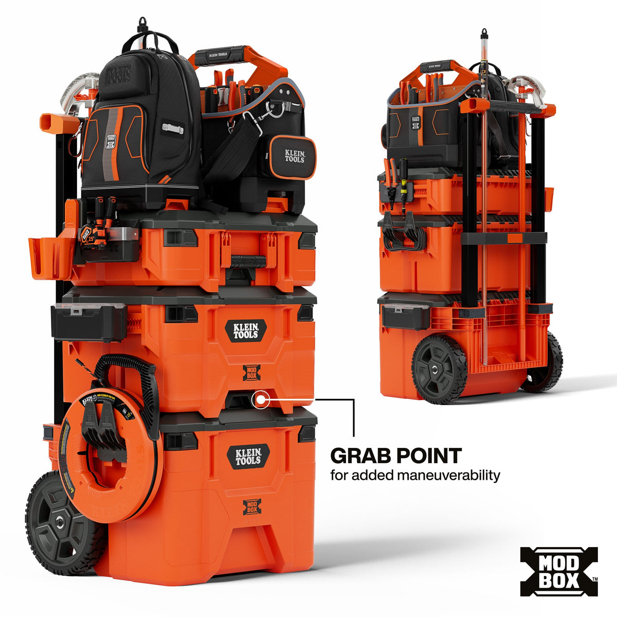 A dual-panel infographic of the Klein Tools MODbox system showing a fully stacked configuration with a tool backpack and tote, highlighting the back stowage for tall items and a front grab point for maneuverability.